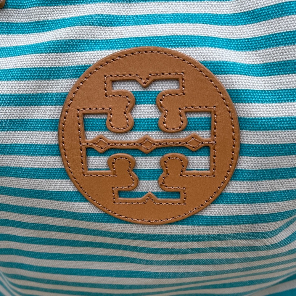 Tory Burch Turquoise and White Striped Canvas Tote with Tan Trim Beach Summer - Picture 2 of 12